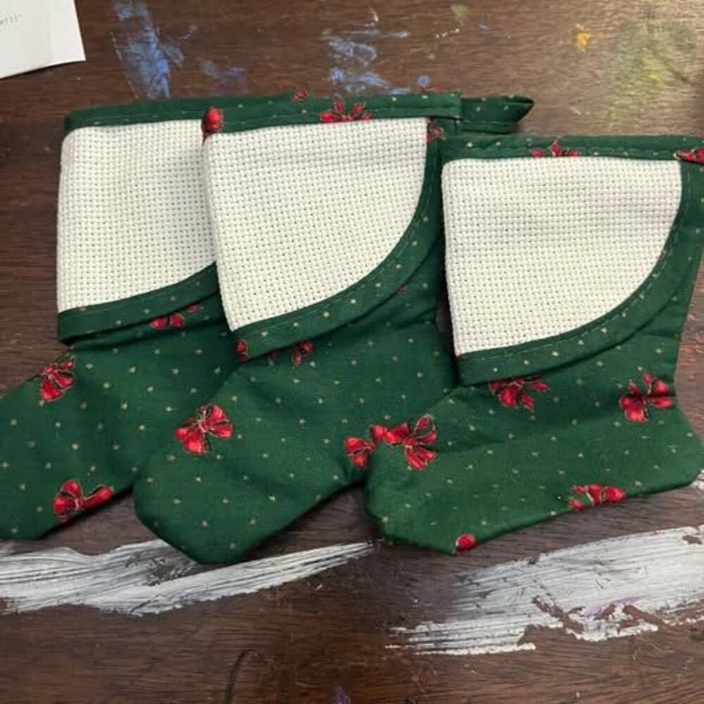 Set of 3 Mini Green Cross-Stitch Christmas Stockings Blank